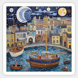 Night at Falmouth Harbour, Cornwall Folk Art Sticker